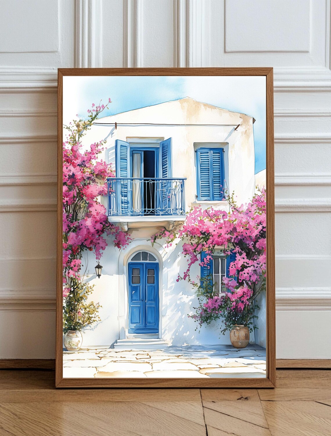 Greek Island White Facade Blue Door Watercolor Poster Bougainvillea