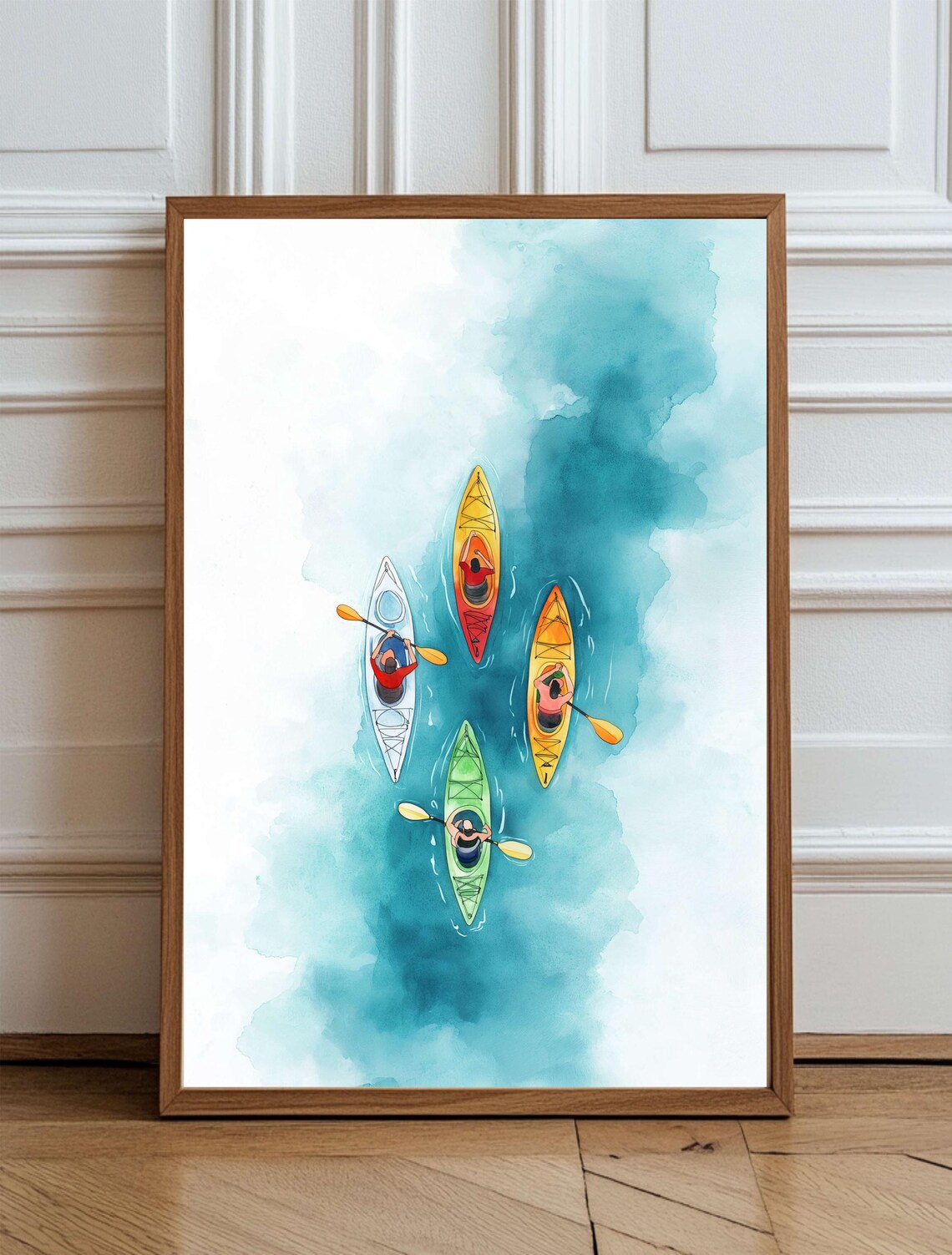 Aerial Watercolor of Four Kayakers in Colorful Canoes Art Print