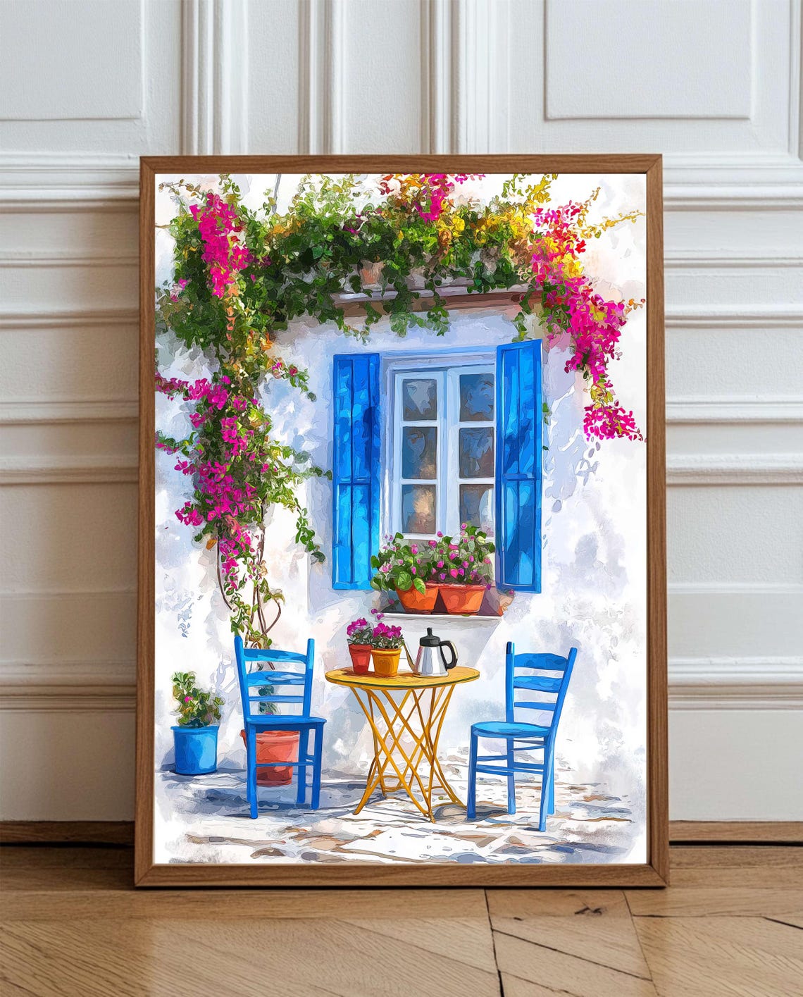 Greek Island Terrace With Blue Shutters Bougainvillea Poster