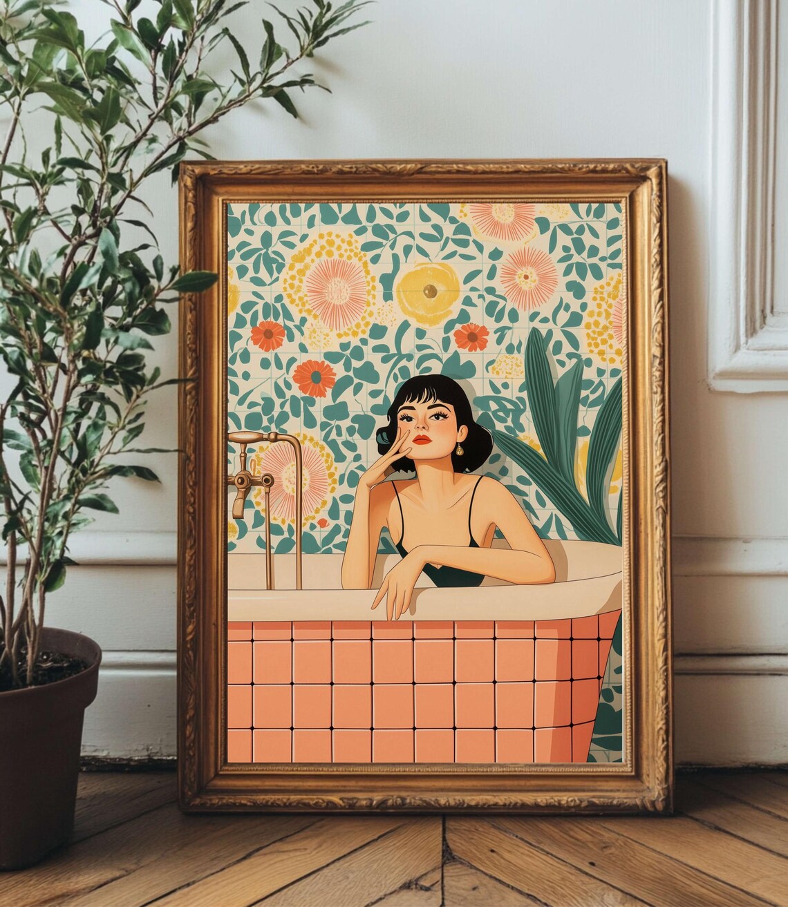 Retro Woman Bathing in Pink Tile Botanical Bathroom Art Poster