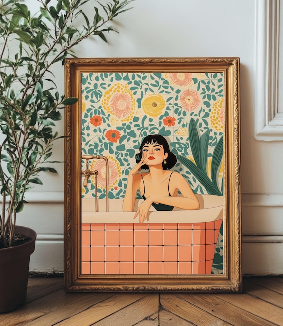 Tropical Retro Bathroom Wall Art Vintage Woman In Bathtub Botanical Floral Tile Decor