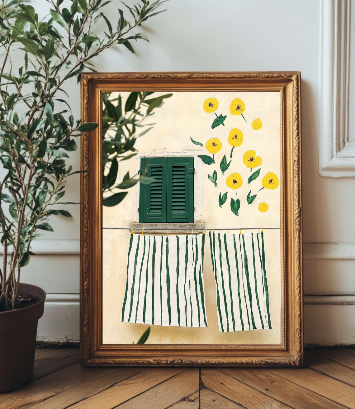 Italian Window Striped Linens Clothesline Yellow Flowers Poster