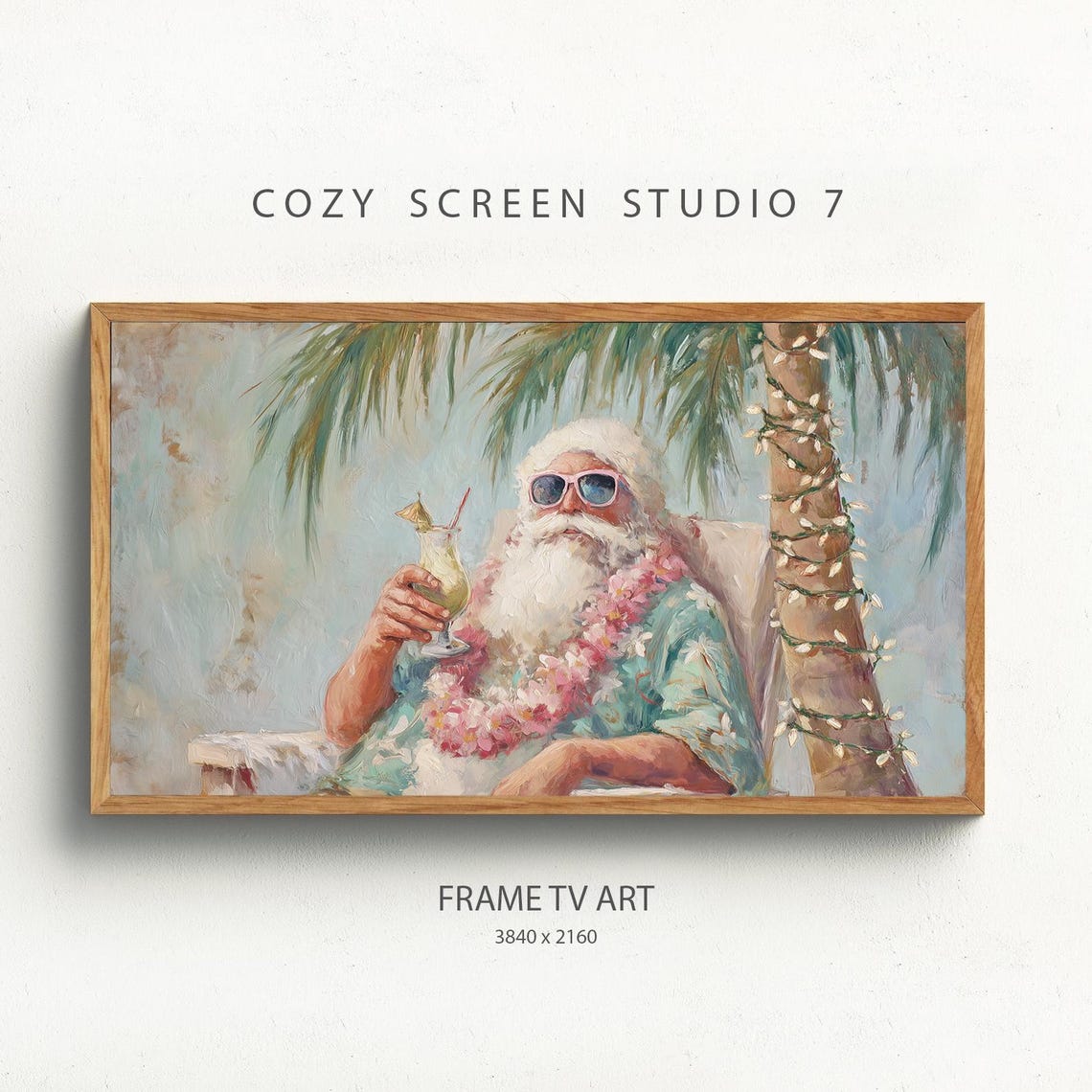 Tropical Santa Cocktail Sunglasses Beach Christmas Painting Poster