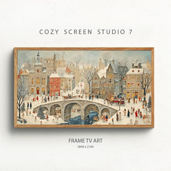 Snowy Christmas Village Bridge Frame Tv Art Cozy Winter Landscape