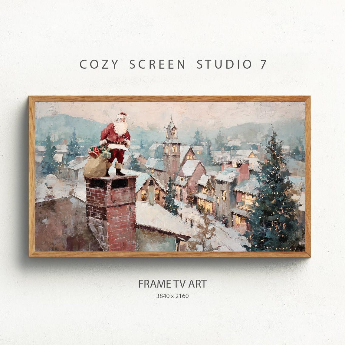 Santa Climbing Down Chimney Frame Tv Art Christmas