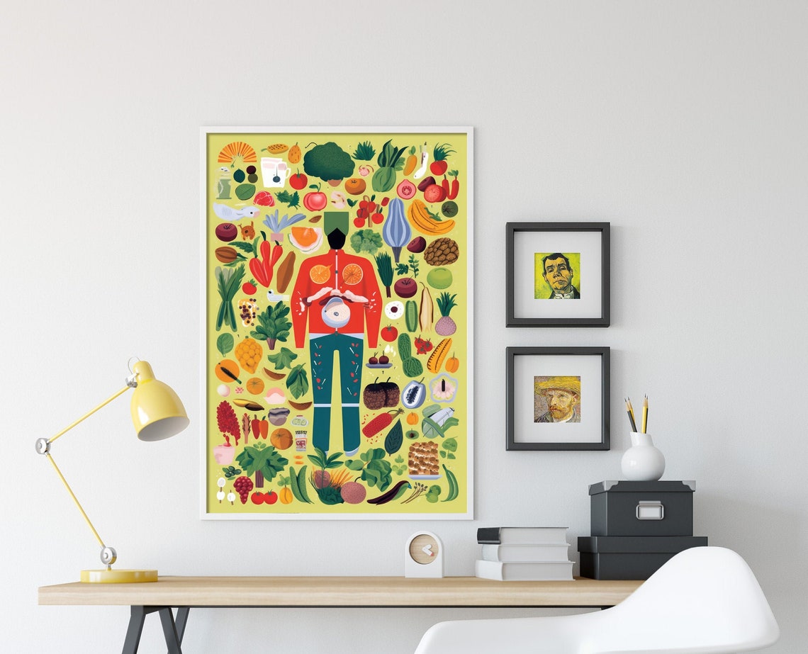 Vegan Chef Surrounded By Produce Colorful Kitchen Illustration Poster - Image 4