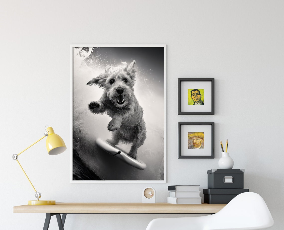Shaggy Terrier Riding a Surfboard in Black and White Photo Poster - Image 4