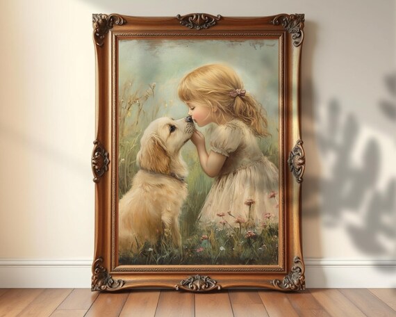 Vintage Girl and Golden Retriever Puppy Flower Meadow Oil Painting Print