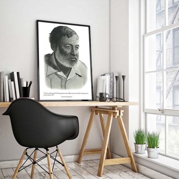 Instant Ernest Hemingway Poster Motivasyonel Inspirational Quote Pencil Drawings Oversizeddigital Print