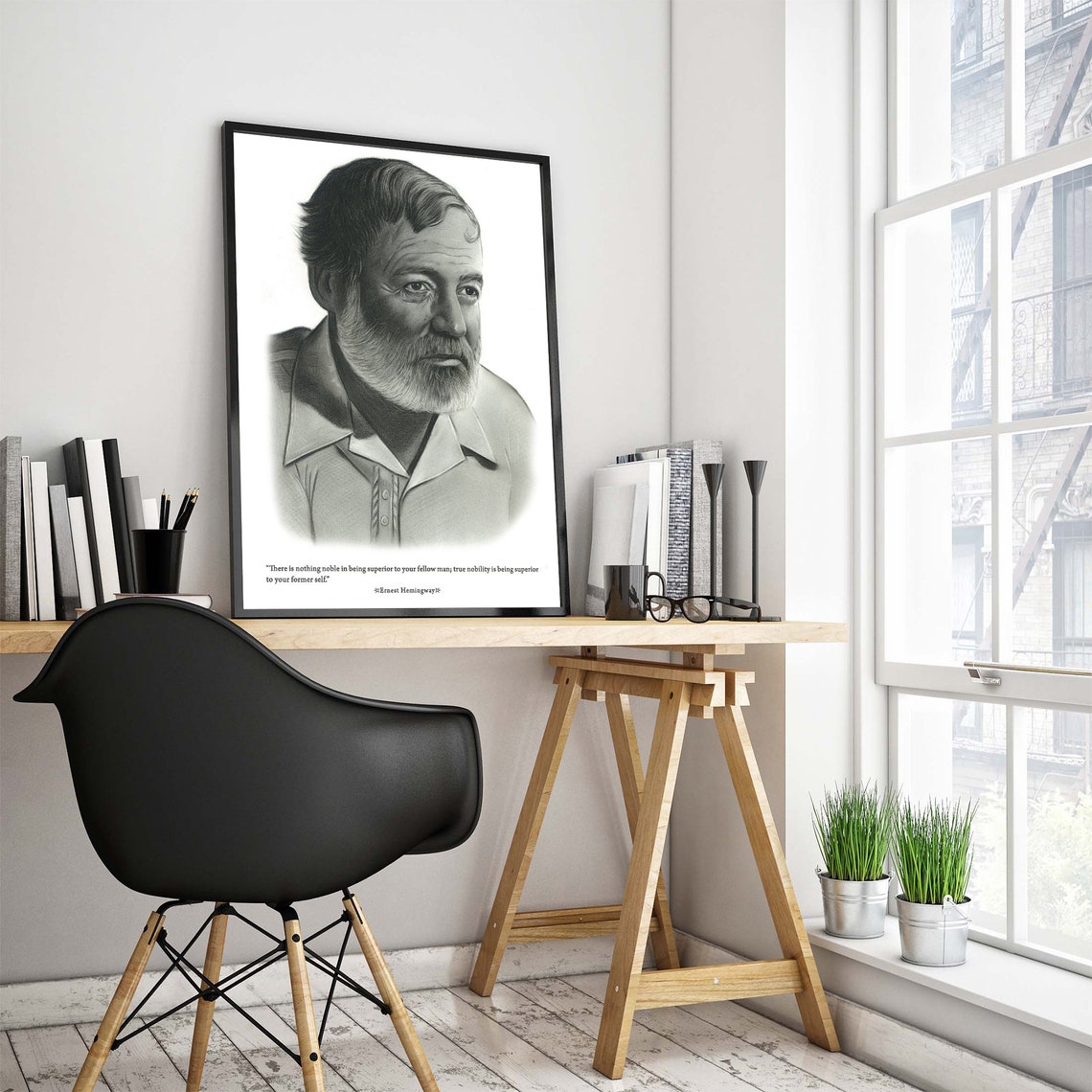 Ernest Hemingway Pencil Portrait with Inspirational Quote Poster