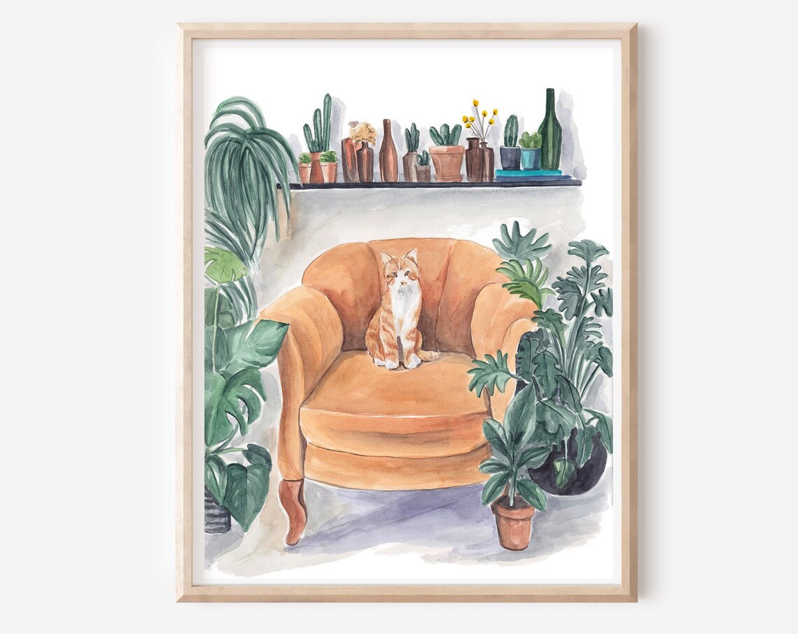 Orange Cat In Armchair Surrounded By Lush Houseplants Botanical Print