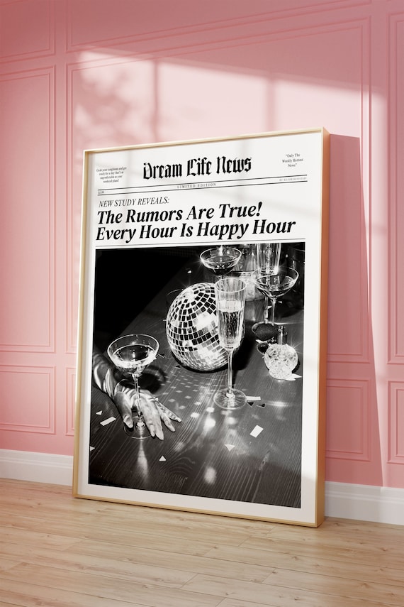 Vintage Happy Hour Newspaper Bar Cart Art Print
