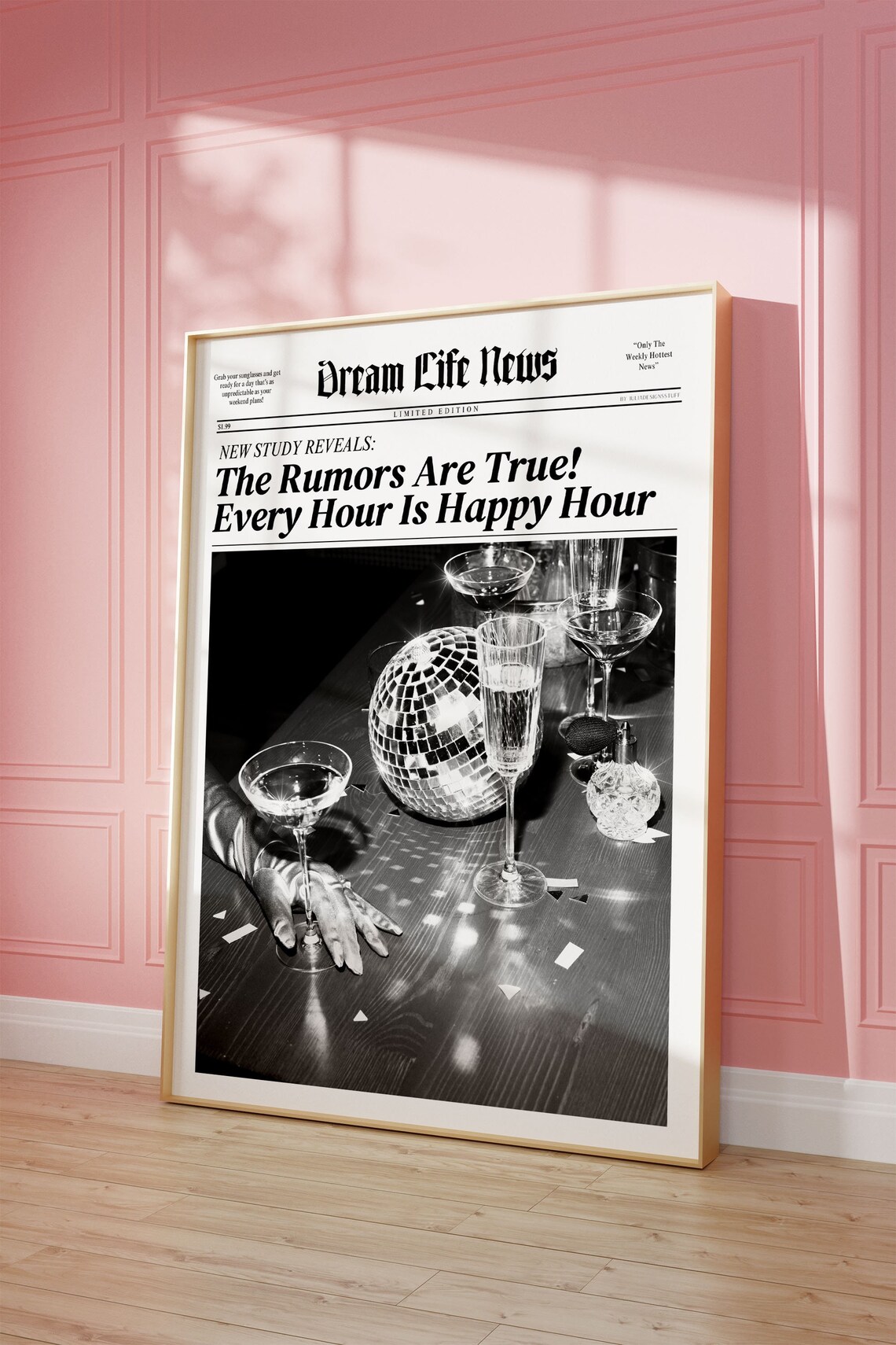 Vintage Happy Hour Newspaper Bar Cart Art Print