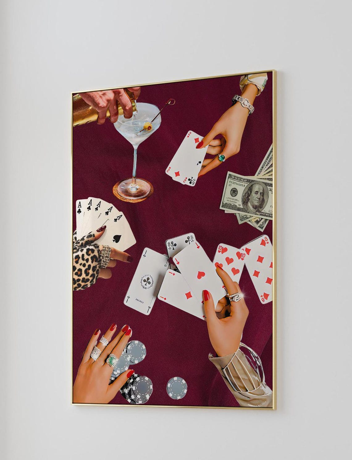 Burgundy Poker Night Playing Cards Martini and Chips Scene Poster - Image 3