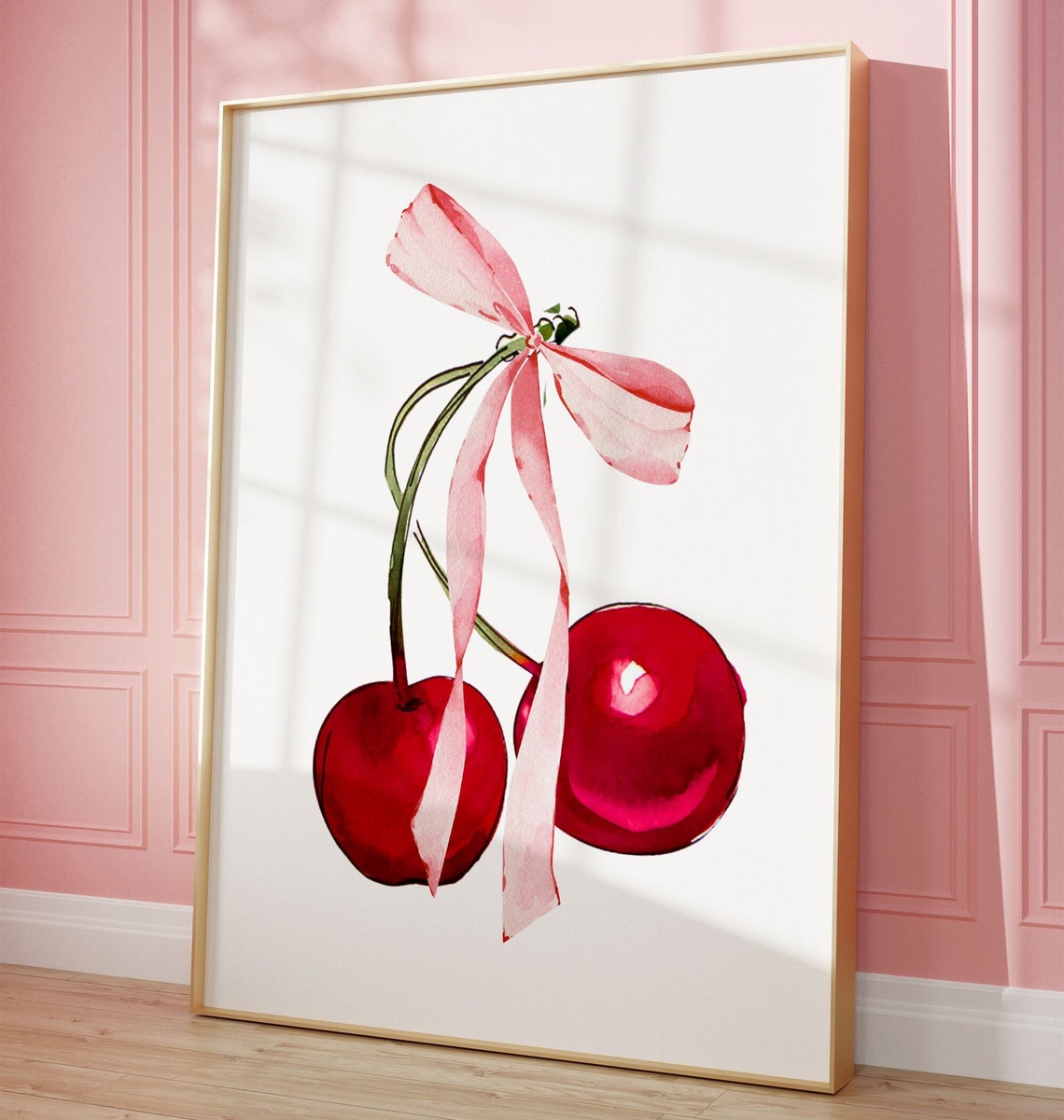 Red Cherry Watercolor Art Print Pink Bow Coquette Kitchen Wall Decor