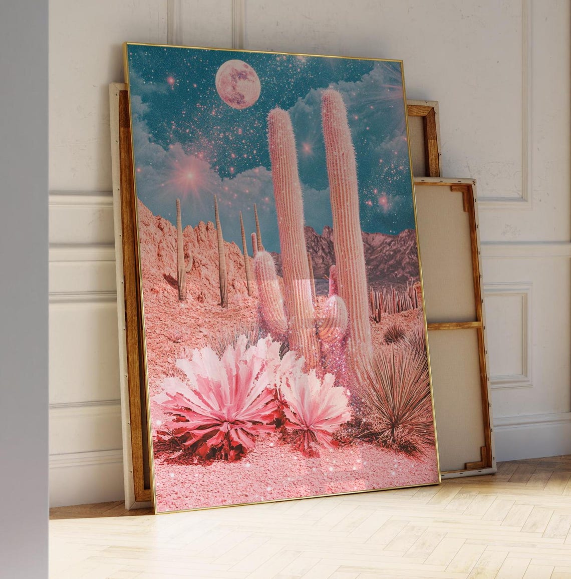 Pink Desert Cactus Poster under a Starry Night Sky with Full Moon - Image 2
