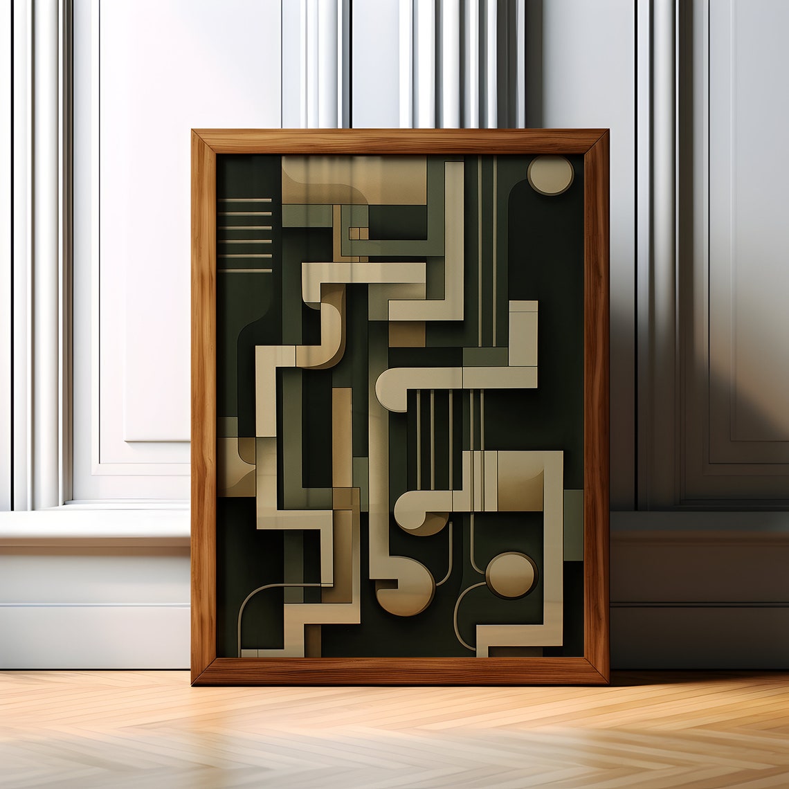 Dark Green Gold Layered Geometric Abstract Modern Art Poster