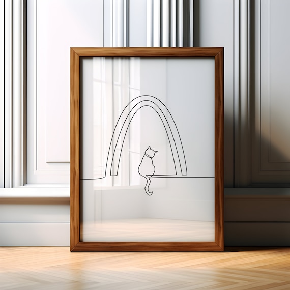 Minimalist Line Art Cat Sitting in Window Arch Animal Wall Print