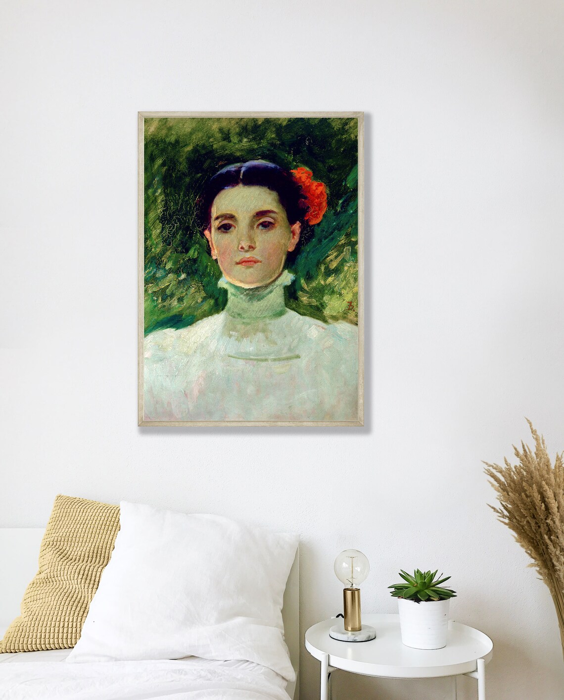 Young Woman Red Flower In Hair White Blouse Garden Portrait Art Poster - Image 2