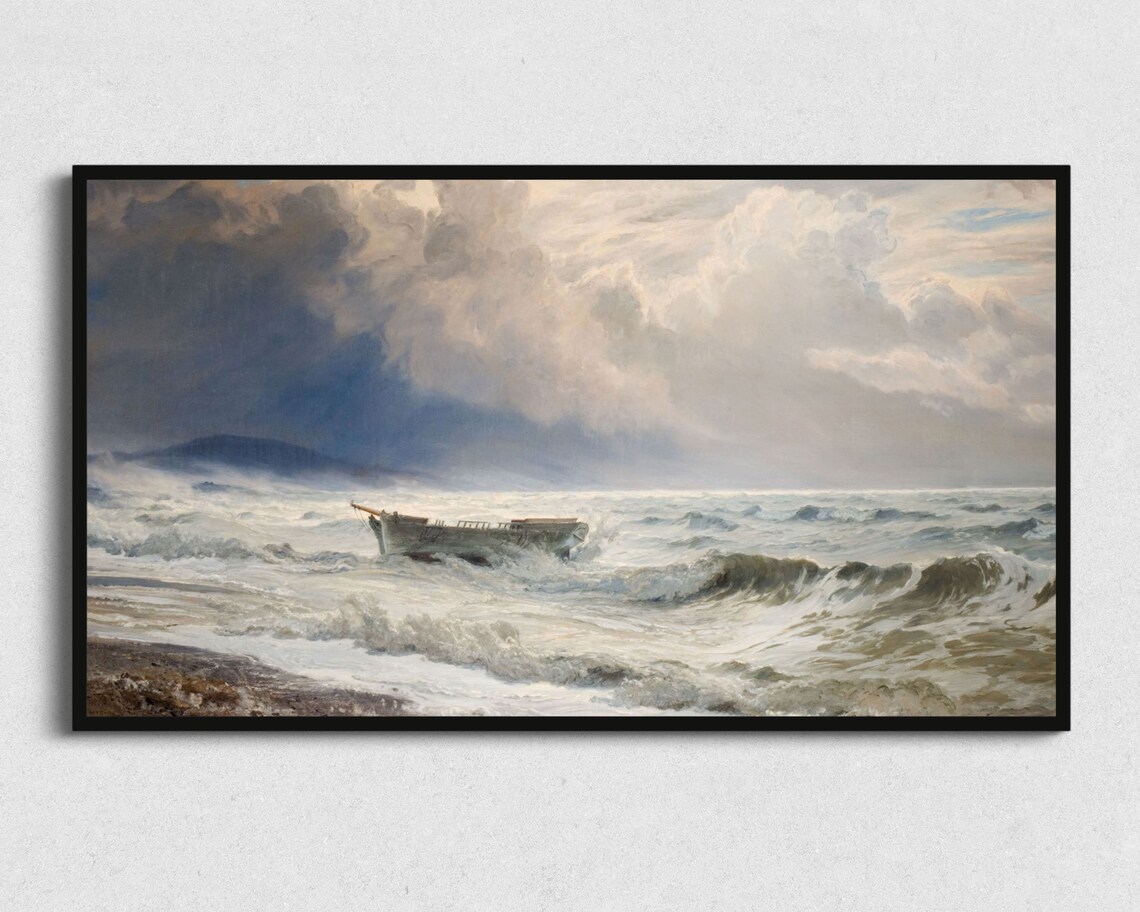 Ship In Storm Waves Raging Surf Vintage Dramatic Seascape Painting Poster