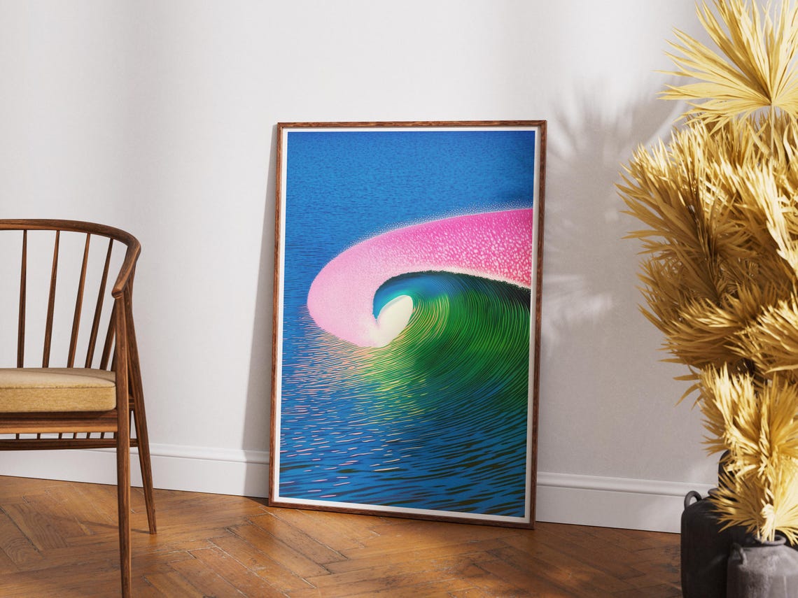 Neon Pink Surf Wave Ocean Barrel Beach House Coastal Art Poster - Image 4