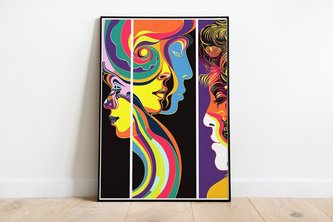 Psychedelic Woman Face Triptych Swirling Hair 60s Pop Art Poster