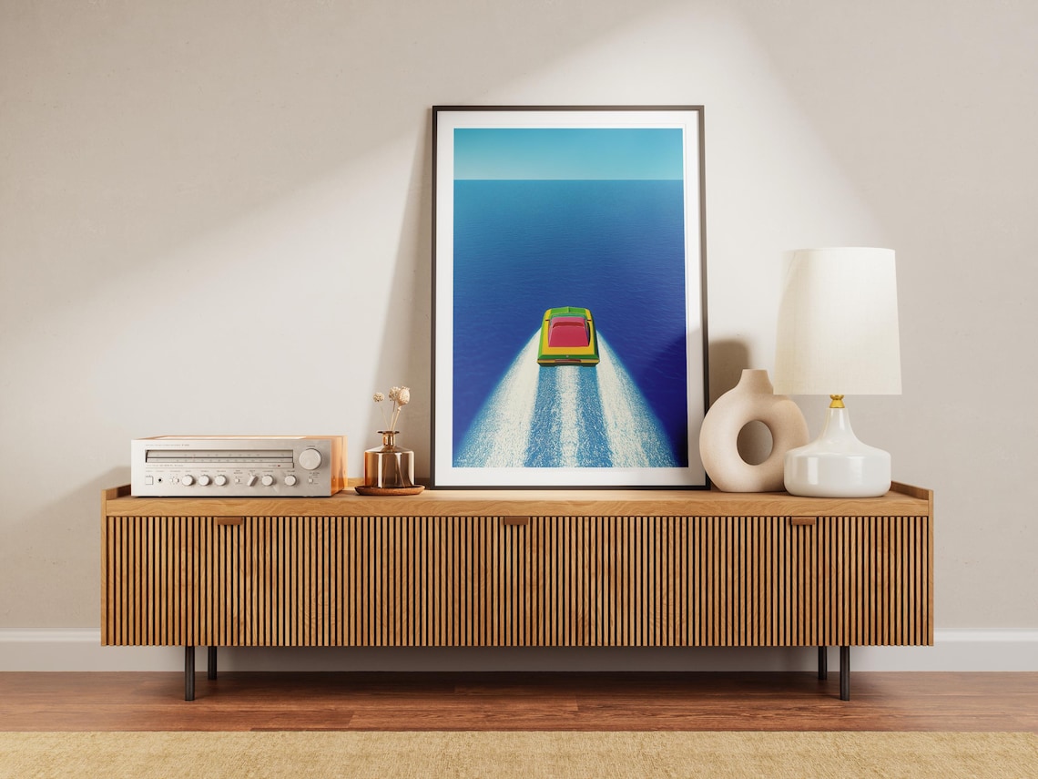 Colorful Speedboat Aerial Seascape Minimalist Ocean Art Poster - Image 2