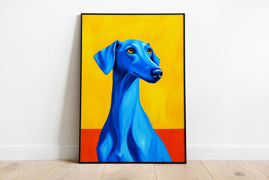 Blue Greyhound Dog Portrait Pop Art Yellow Background Poster