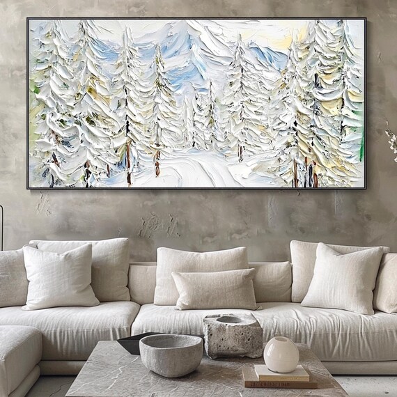 Ski Resort Texture Art White Ski Oil Painting Colorful Pine Tree Hand Painting Ski Sport Wall Art Custom Painting Personalized Gift
