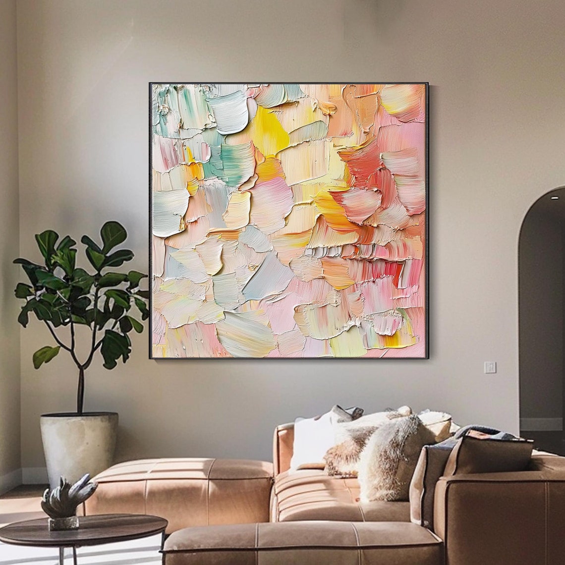 Soft Pastel Abstract Impasto Pink Yellow Cream Modern Calm Wall Art