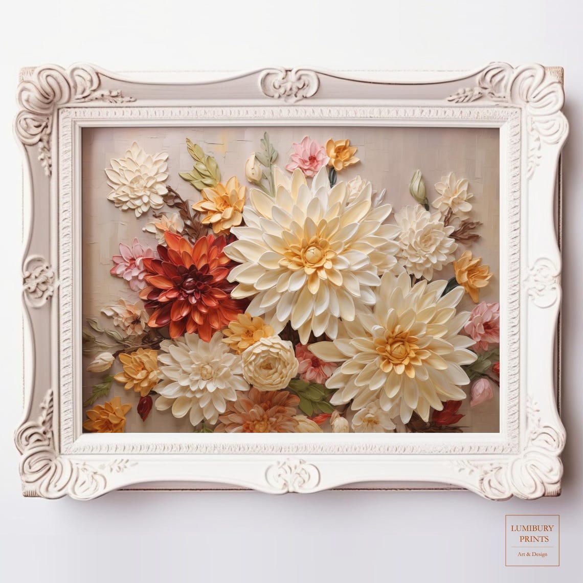 Dahlia Wall Art Autumn Flower Rustic Fall Home Decor Vintage Botanical Painting Textured Impasto Floral Instant