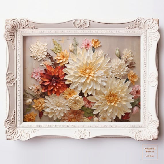 Dahlia Wall Art Autumn Flower Rustic Fall Home Decor Vintage Botanical Painting Textured Impasto Floral Instant