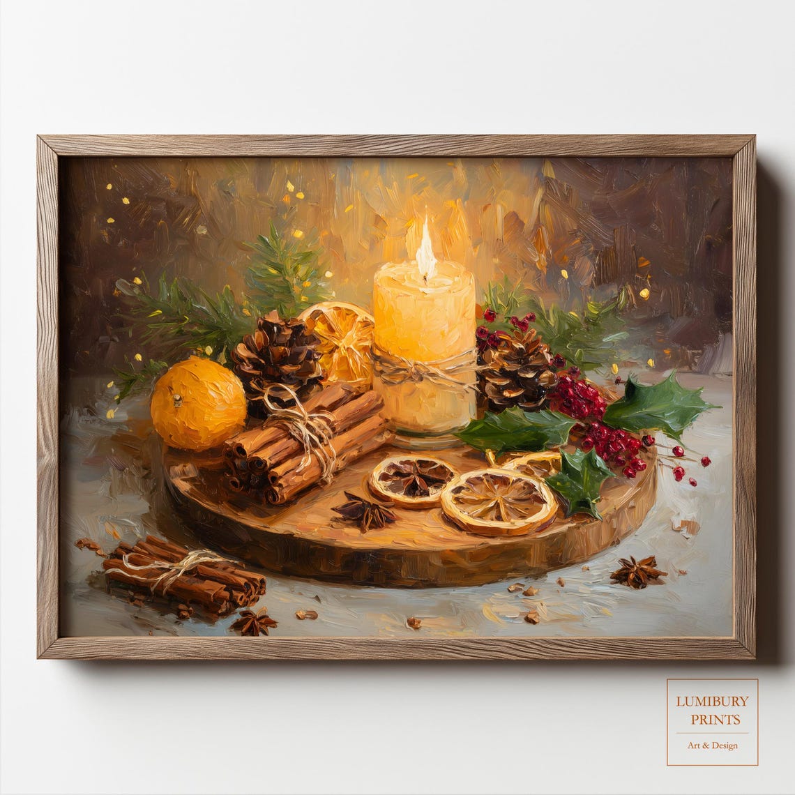 Christmas Candle Still Life Pine Cones Cinnamon Oil Painting Poster