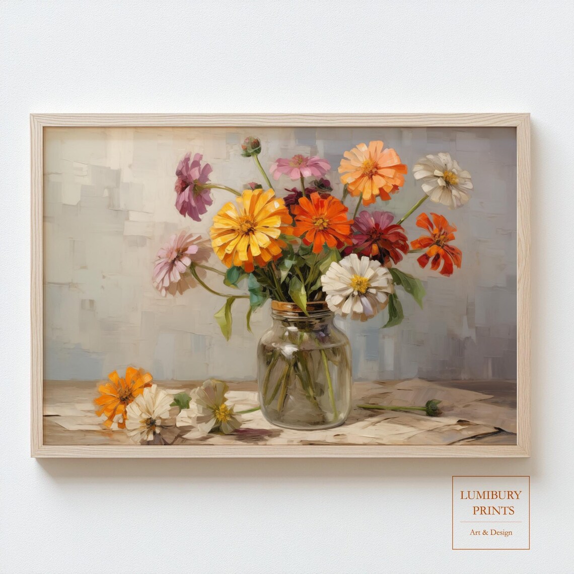 Bright Colorful Zinnia Flower Bouquet Glass Jar Still Life Poster