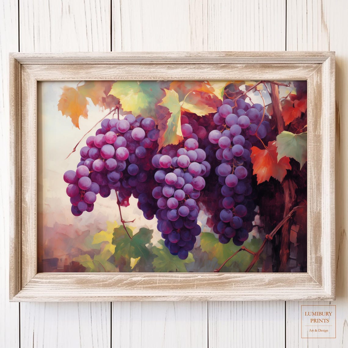 Purple Grapes Vine Golden Autumn Leaves Rustic Still Life Poster