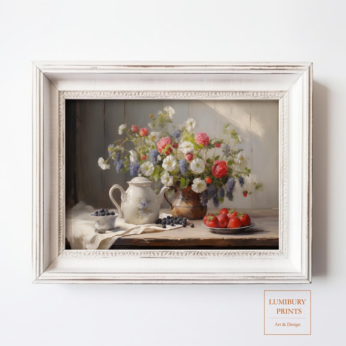 Berry Teapot Floral Wall Art, Rustic Kitchen Decor