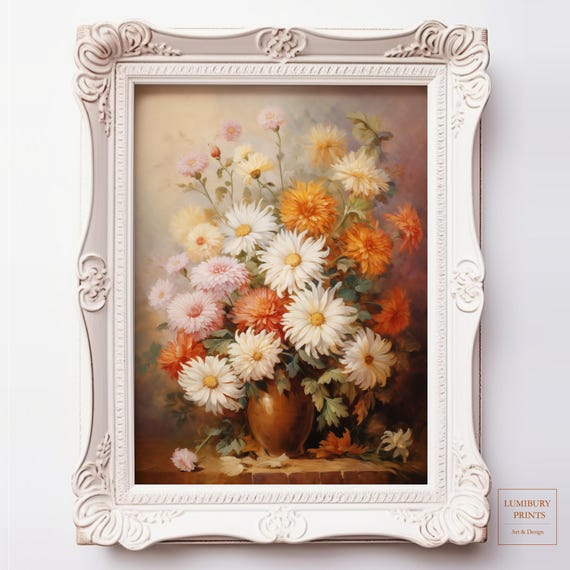 Chrysanthemum Wall Art Mum Fall Decor Rustic Autumn Vintage Botanical Painting Cozy Floral Print Instant