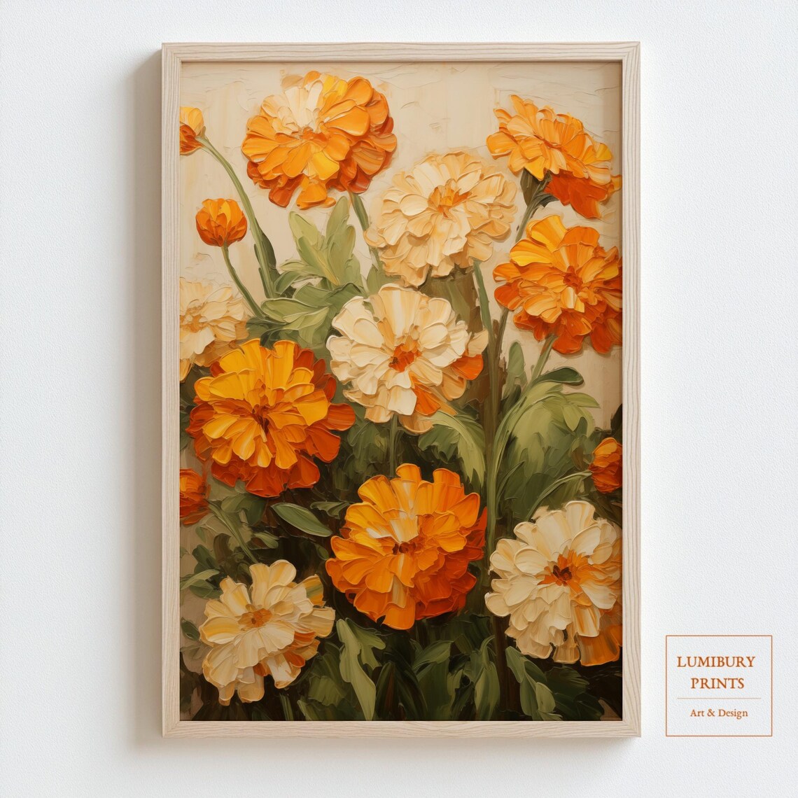 Marigold Art Print, Rustic Vintage Fall Botanical