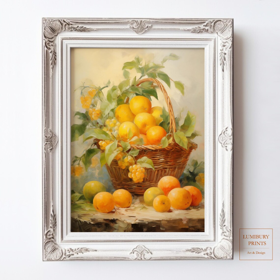 Basket of Oranges Citrus Still Life Vintage Ornate Frame Wall Art