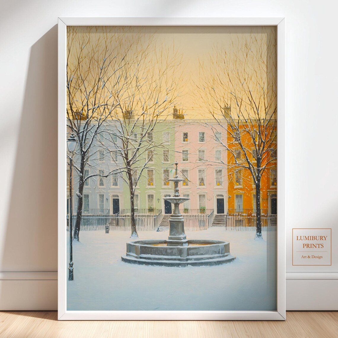 Snowy London Style Street Fountain Winter Townhouse Art Poster