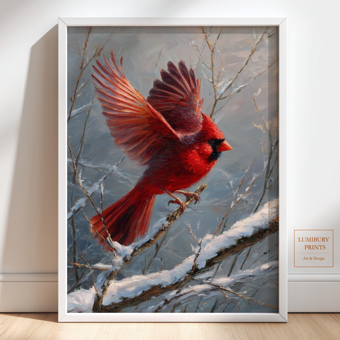 Red Cardinal Taking Flight from Snowy Branch Winter Bird Wildlife Art Print