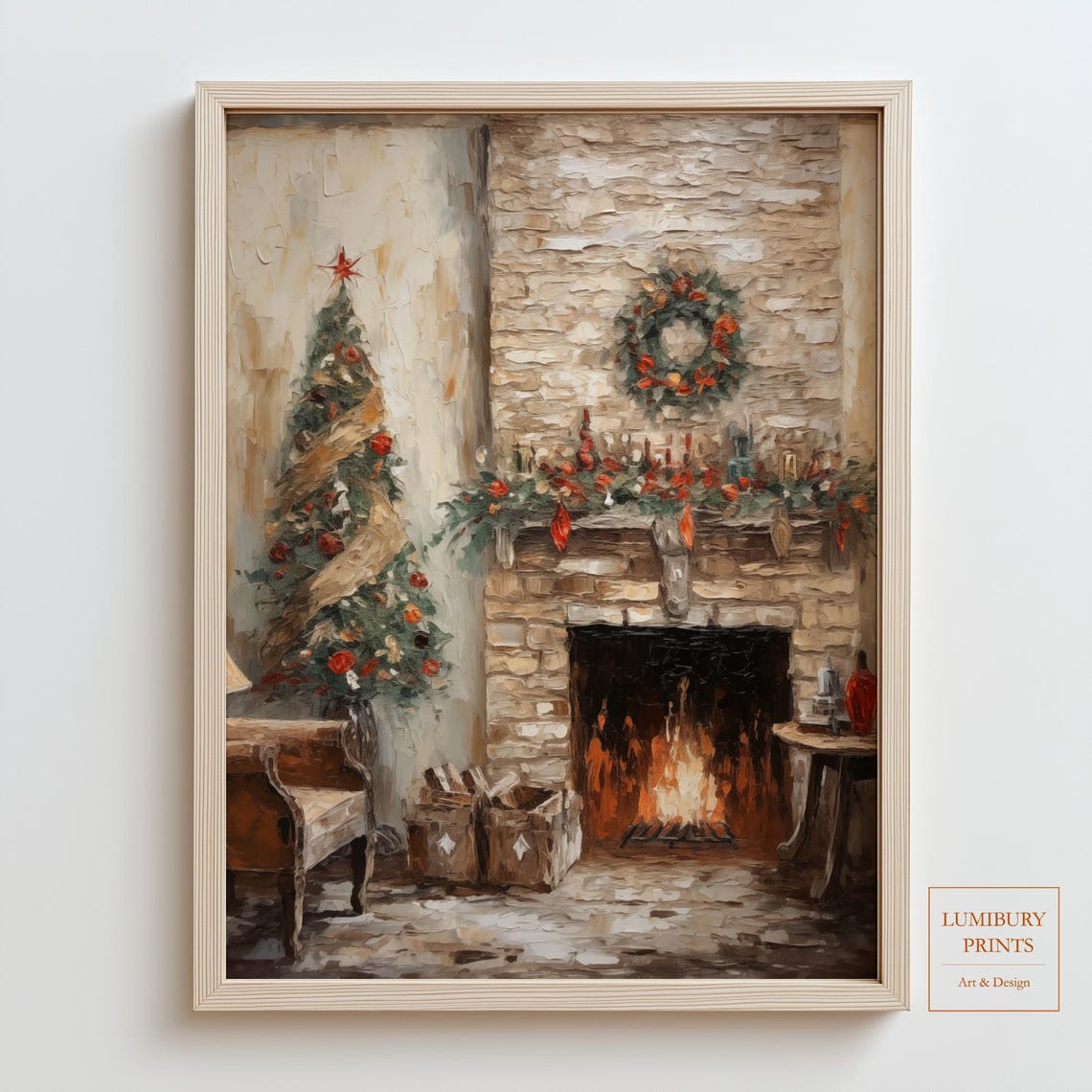 Rustic Stone Fireplace Christmas Wreath Garland Holiday Poster