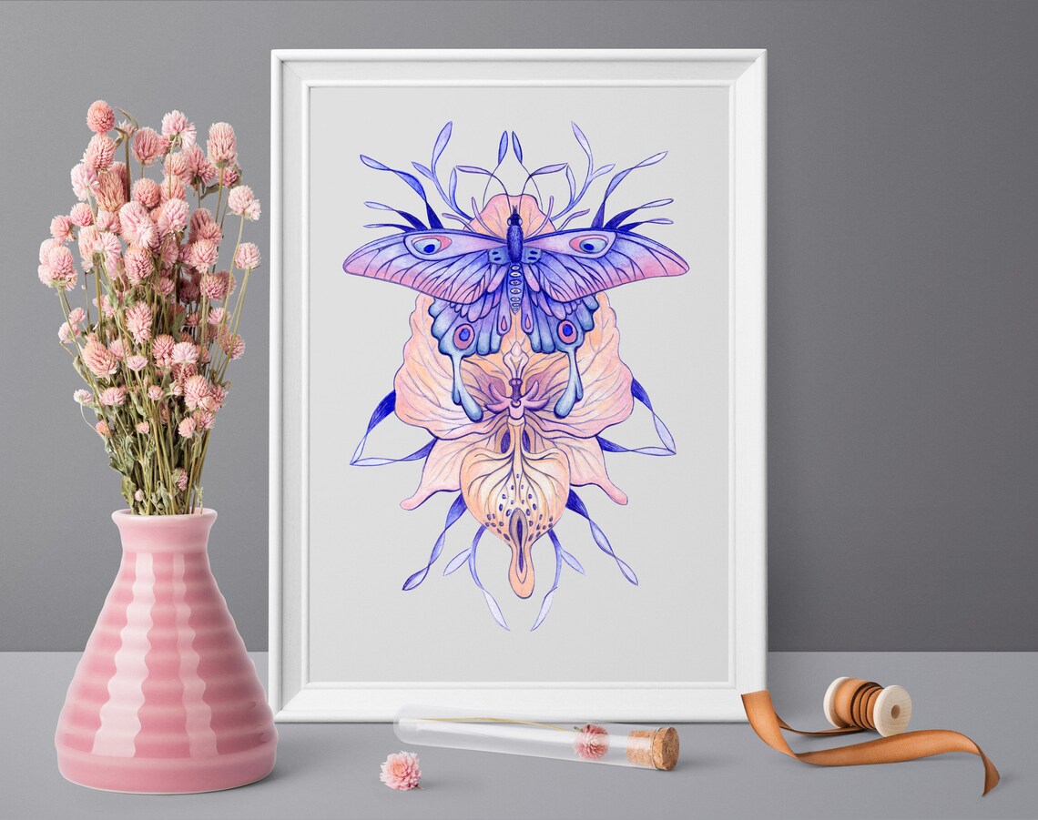 Purple Moth Resting On Pink Orchid Soft Watercolor Floral Art Poster