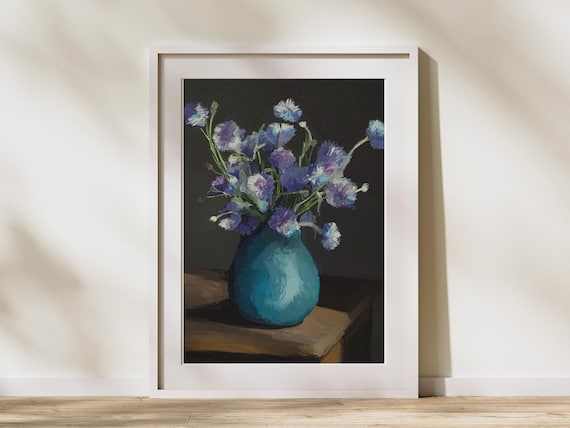 Blue Cornflower Bouquet in Ceramic Vase Dark Background Floral Poster