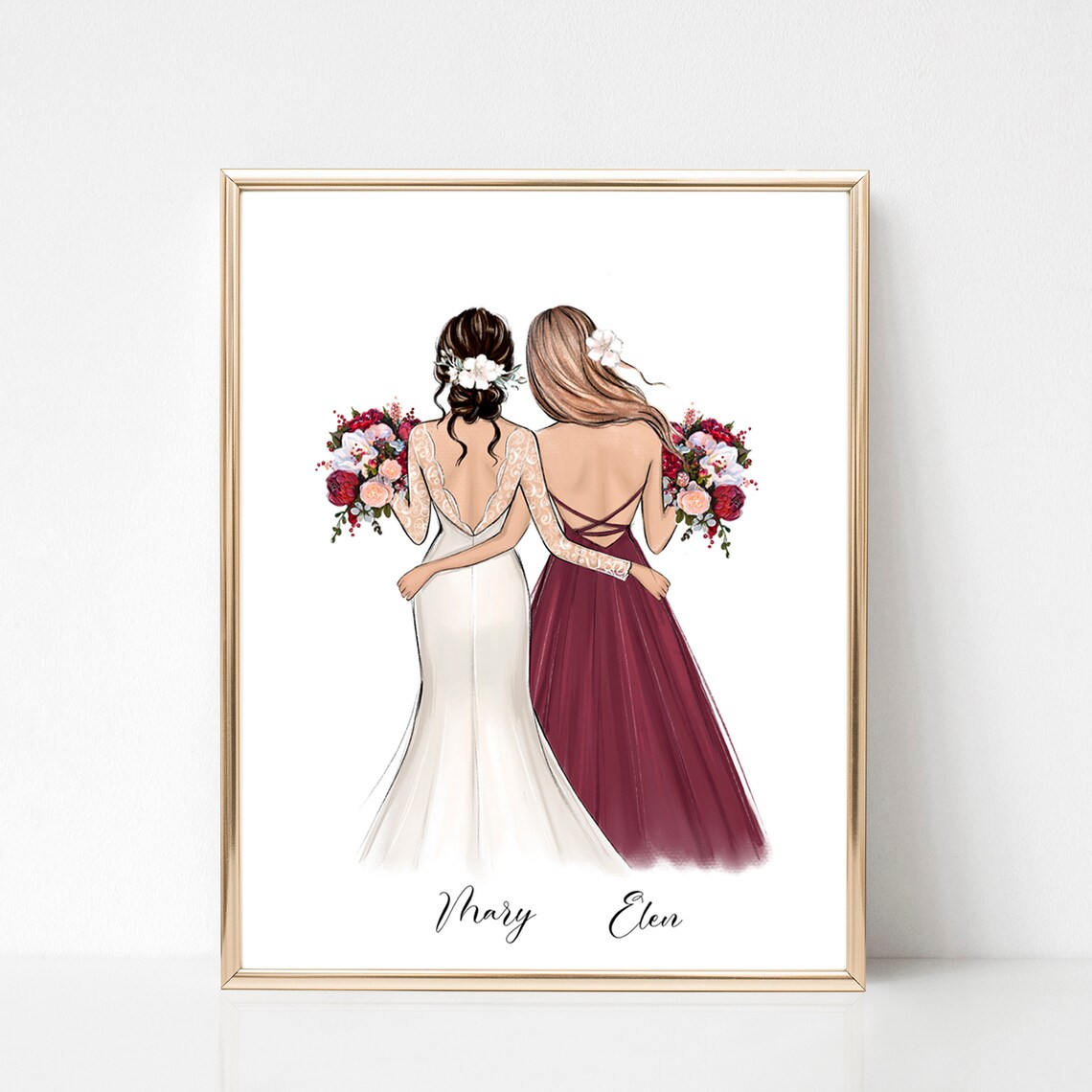 Bride and Bridesmaid Burgundy Gowns Back View Fashion Poster - Image 3