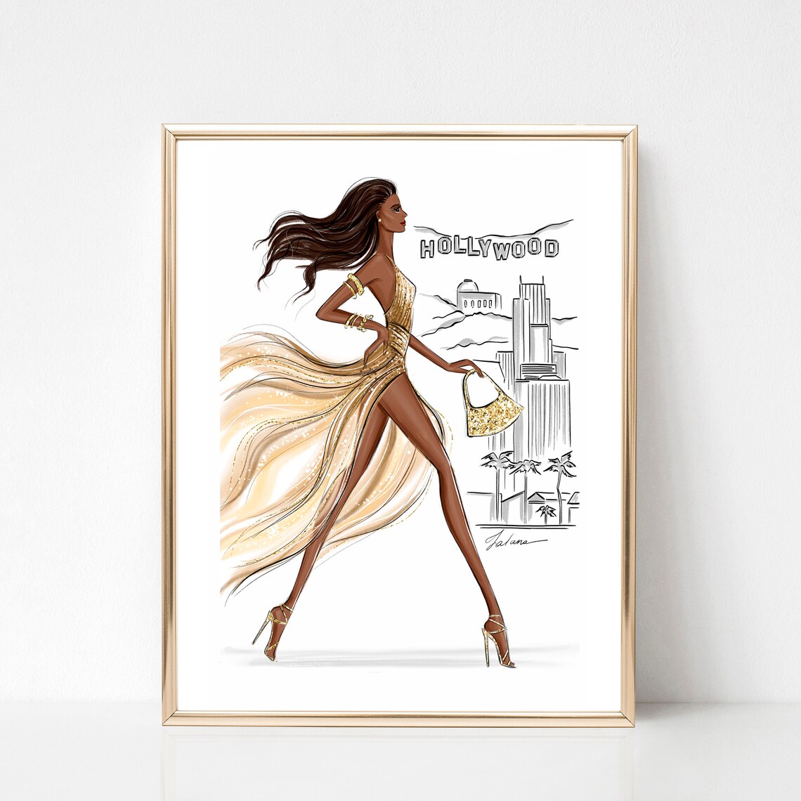 Hollywood Gold Gown Fashion Illustration with Sign Skyline Poster - Image 5