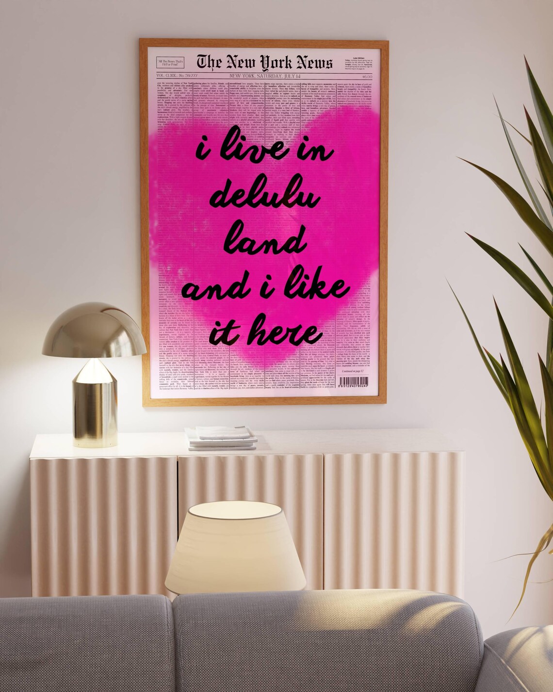 I Live in Delulu Land Funny Trendy Pink Newspaper Quote Art Poster - Image 3
