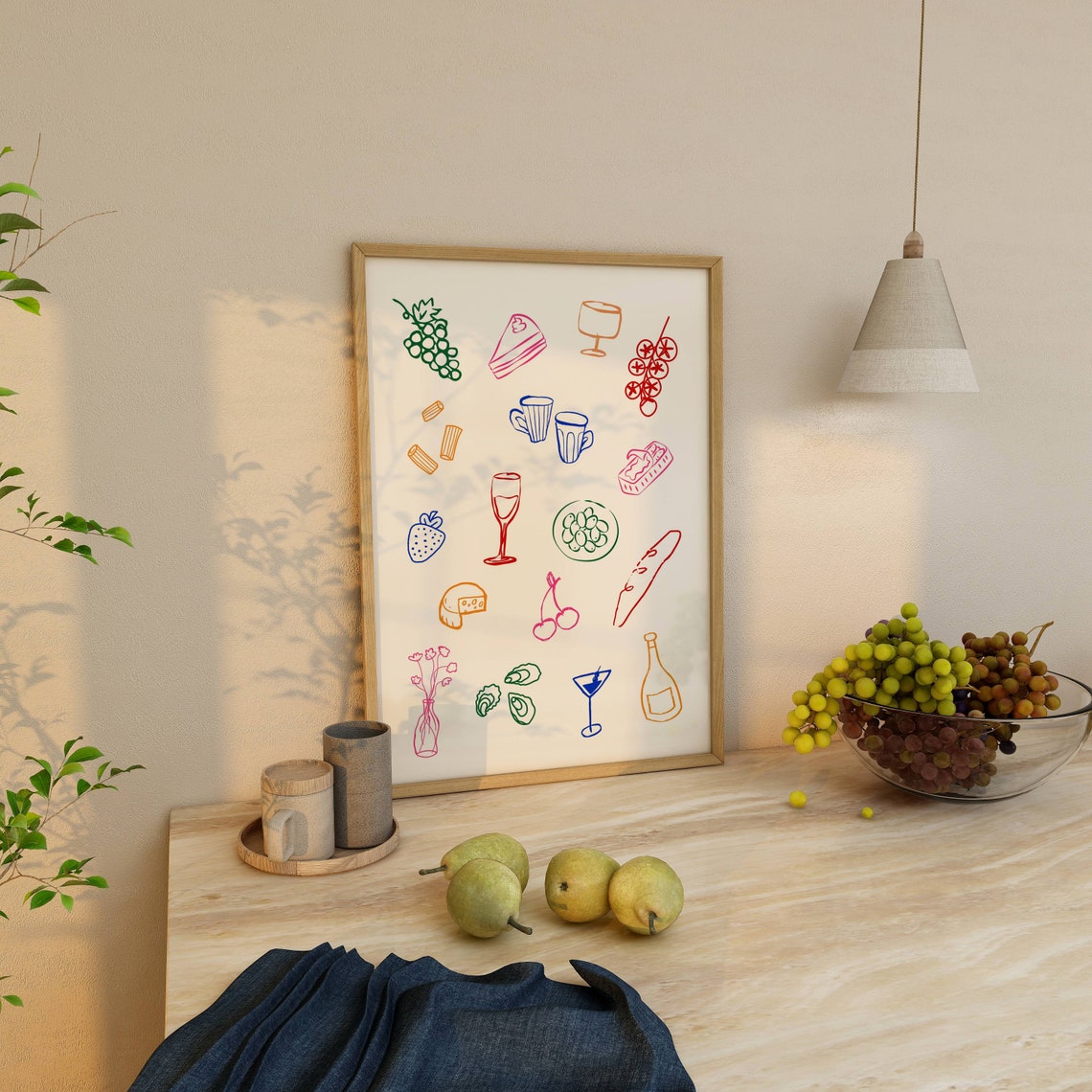 Cute Colorful Fun Food and Drink Line Icons Dinner Party Art Poster - Image 2