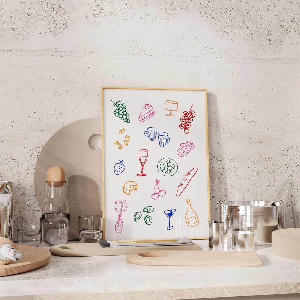 Cute Colorful Fun Food and Drink Line Icons Dinner Party Art Poster - Image 5