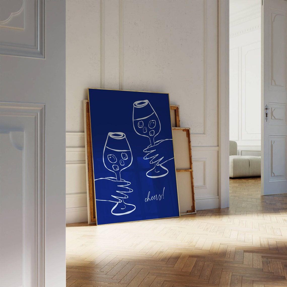 Cheers Cobalt Blue Wine Glass Line Art Minimalist Bar Poster